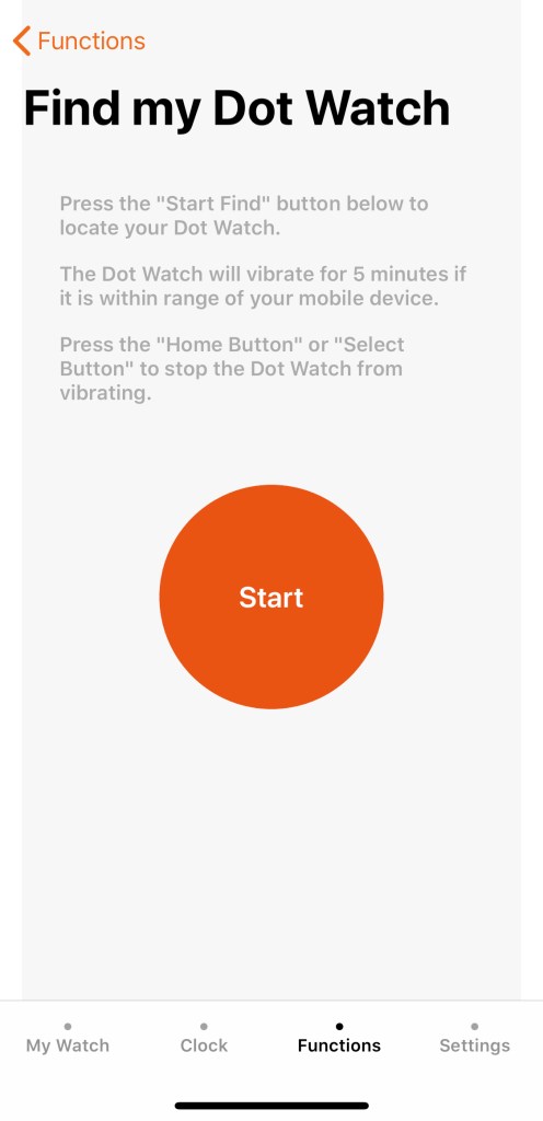 screenshot from app of the "find my watch" feature. This screen has a Start button that when pressed, makes the watch vibrate.